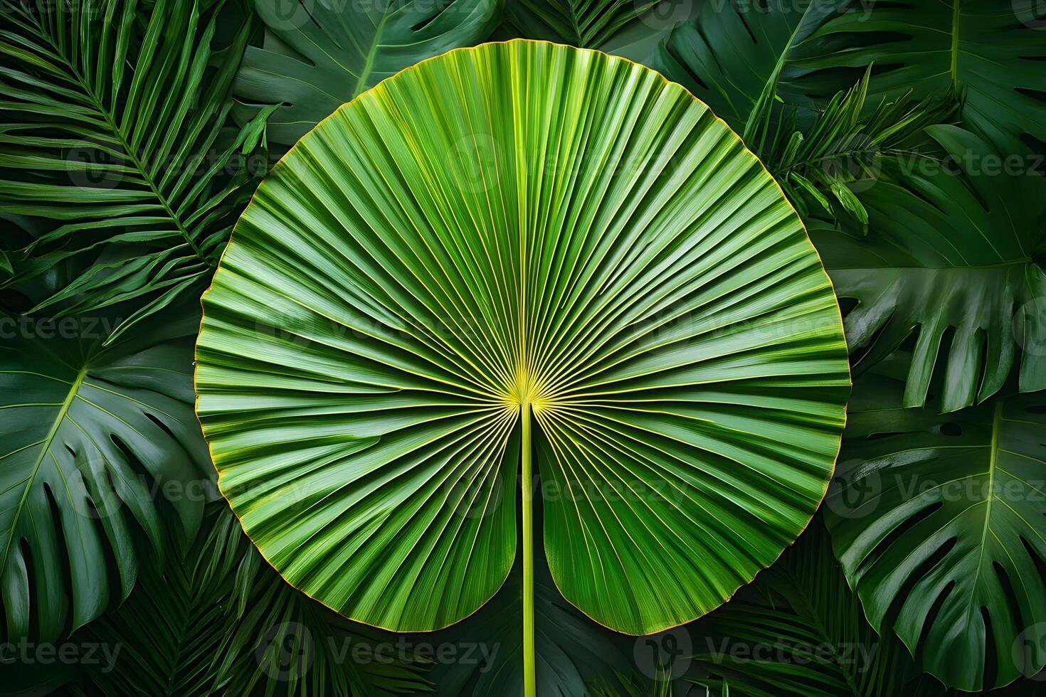 Tropical Greenery Backdrop Featuring Symmetrical Palm Leaf Design for Nature-Themed Concepts photo
