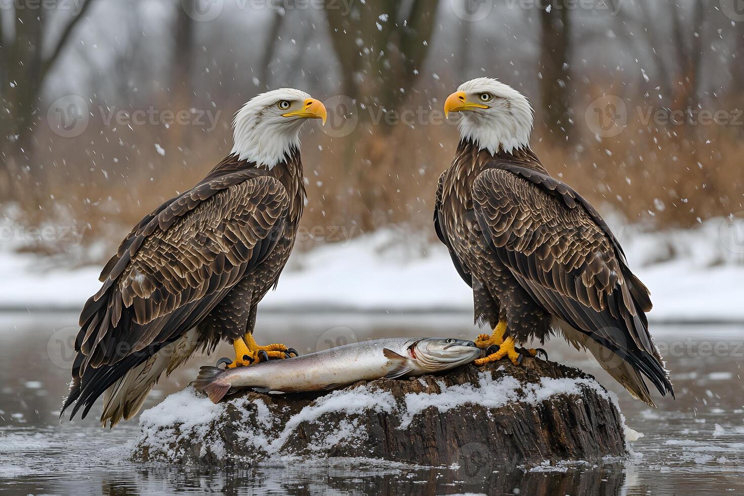 Majestic Bald Eagles with Fresh Catch in Serene Winter Landscape for Wildlife Photography photo