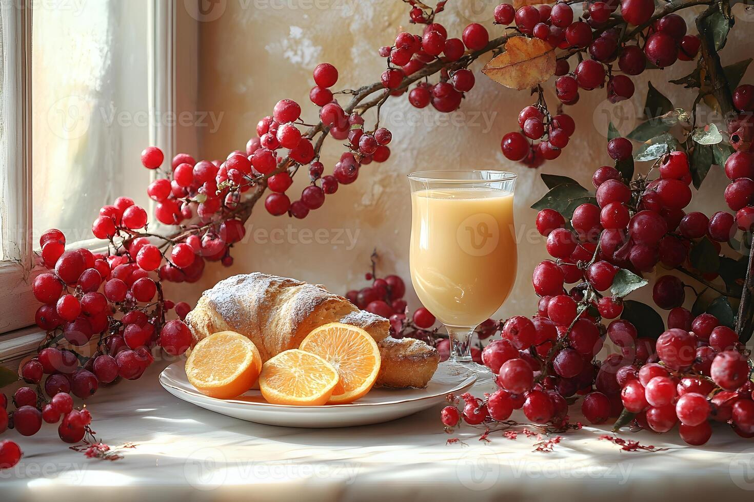 Cozy Breakfast Setting with Croissants, Oranges, and Juice by the Window photo