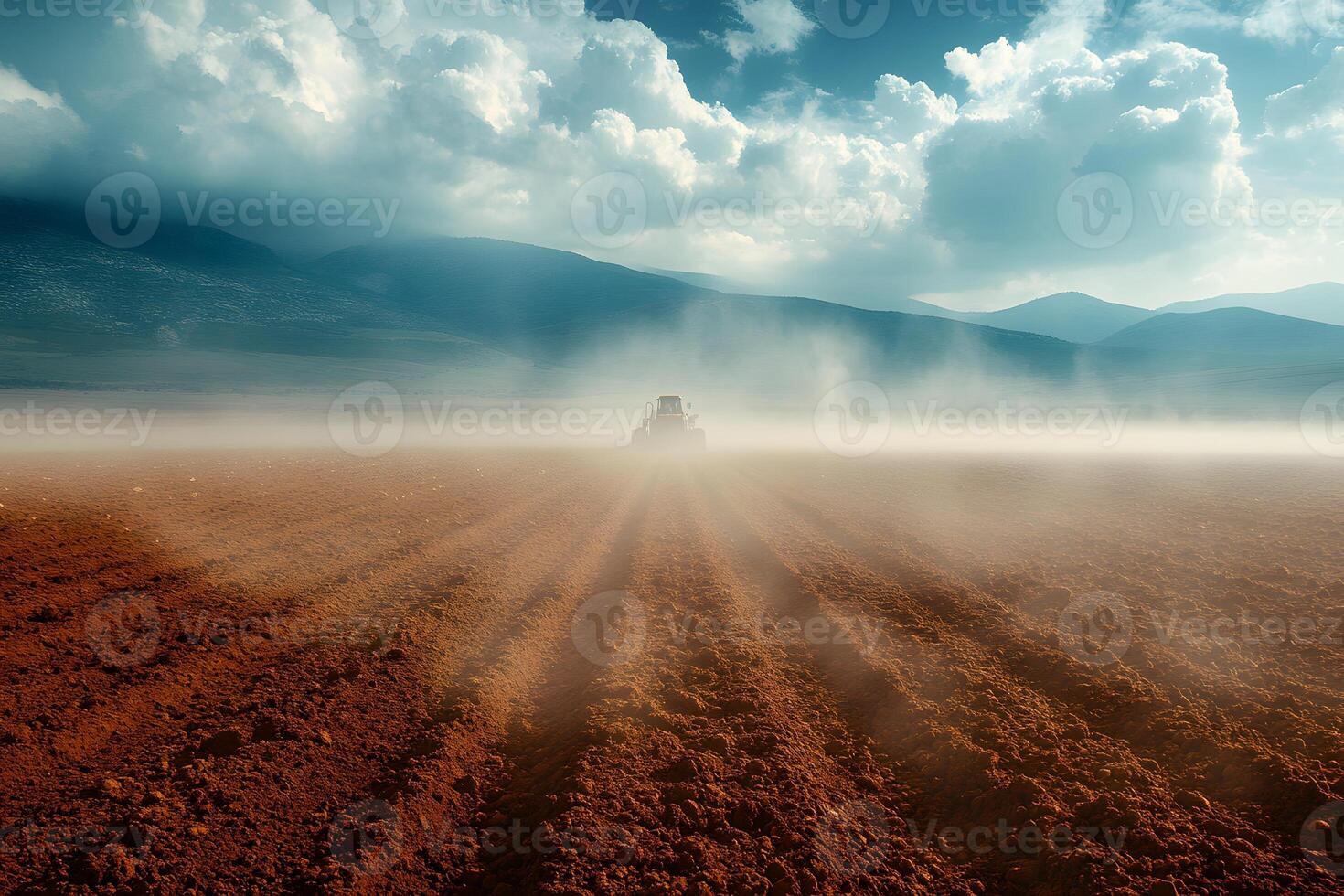 Tractor Plowing a Misty Field Under Dramatic Clouds in a Rural Landscape photo