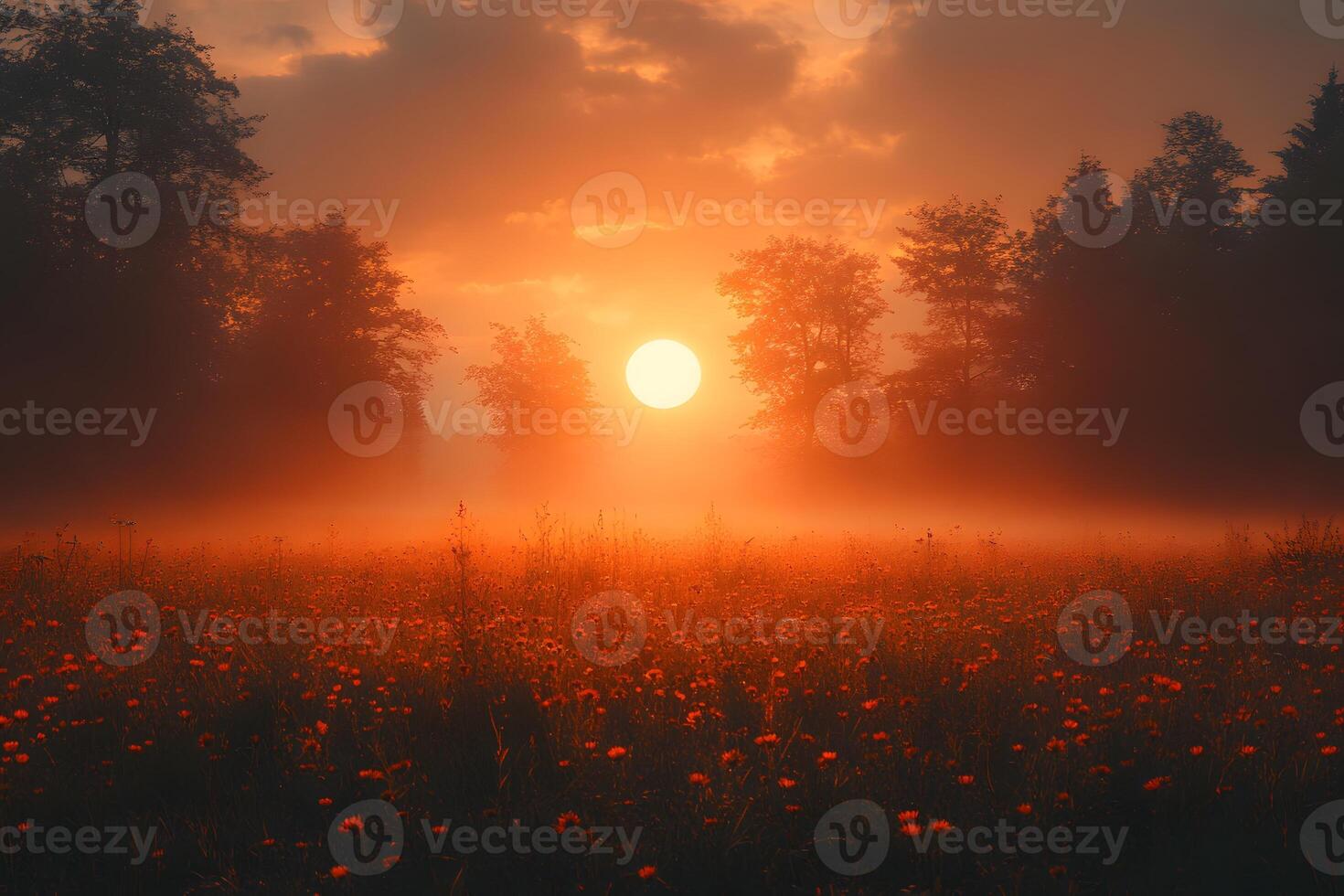 Tranquil Sunrise Over Misty Field of Flowers in Serene Countryside Landscape photo
