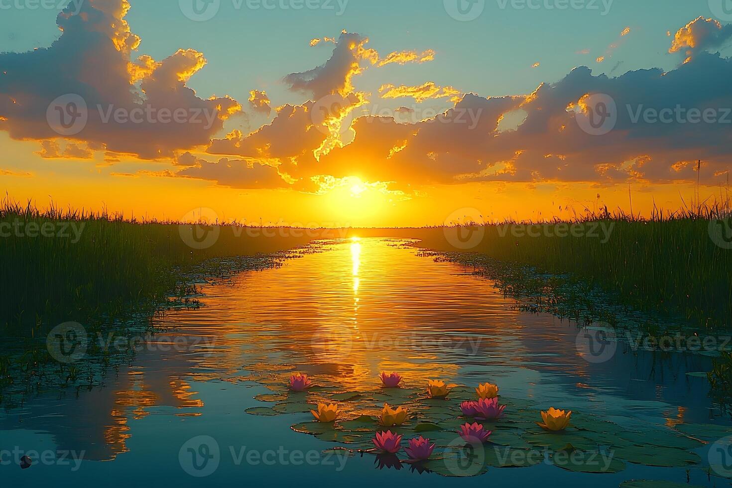 Tranquil Sunset Over Serene River with Lotus Flowers and Dramatic Clouds photo