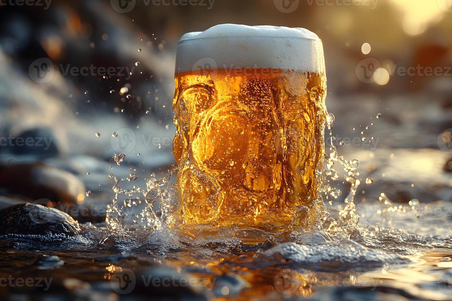 Refreshing Beer Mug with Splashing Water in River at Sunset - Beverage Concept for Summer photo