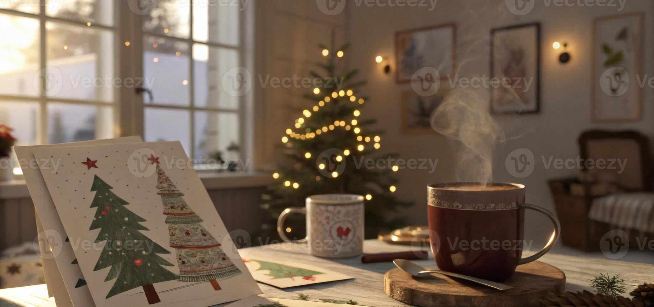 Festive Christmas scene with holiday cards and hot cocoa mug on cozy table creating nostalgic comforting atmosphere with warm window lighting photo