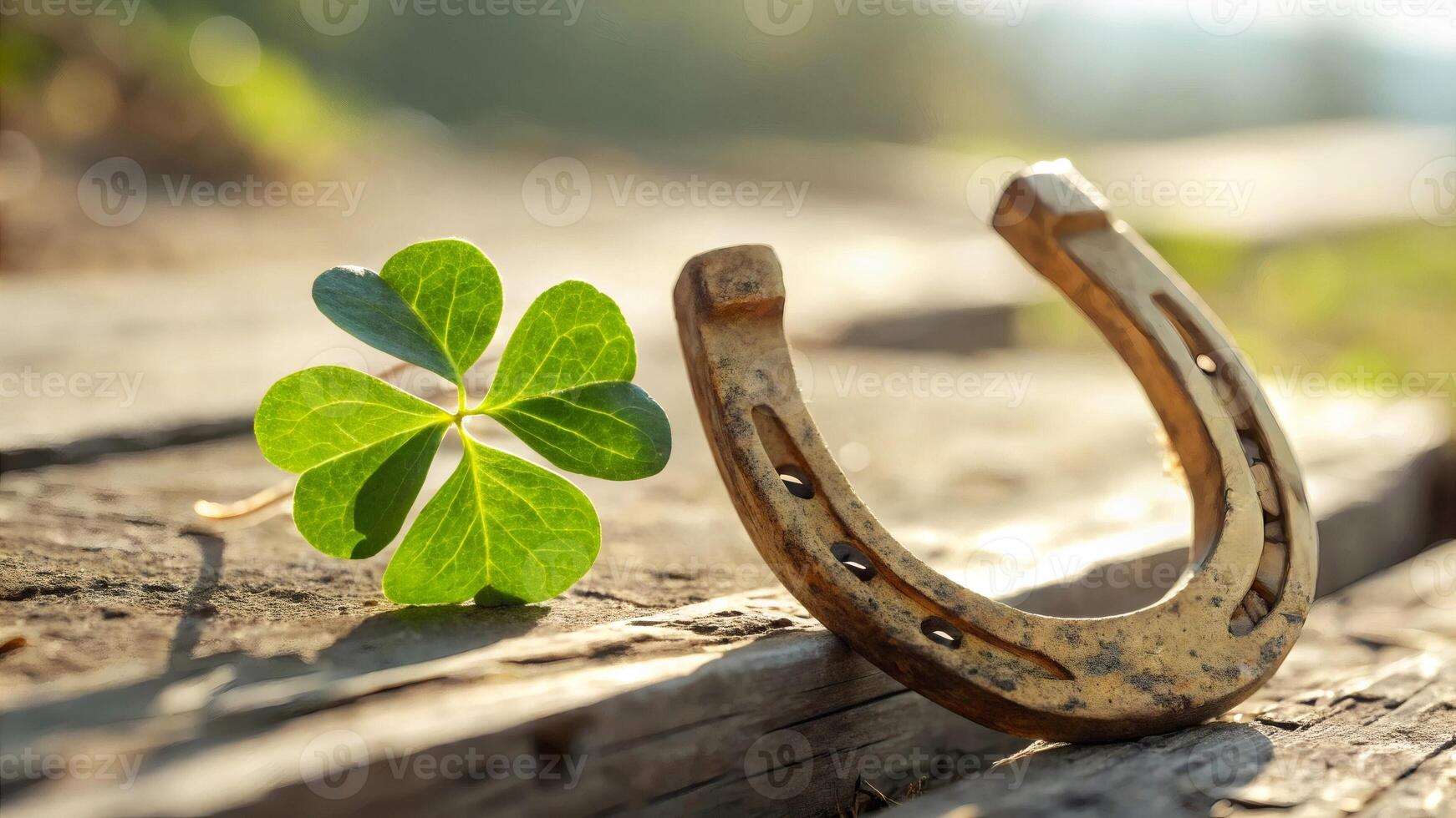 Four-leaf clover and golden horseshoe arrangement photographed in bright natural light with simple balanced composition for luck symbolism photo
