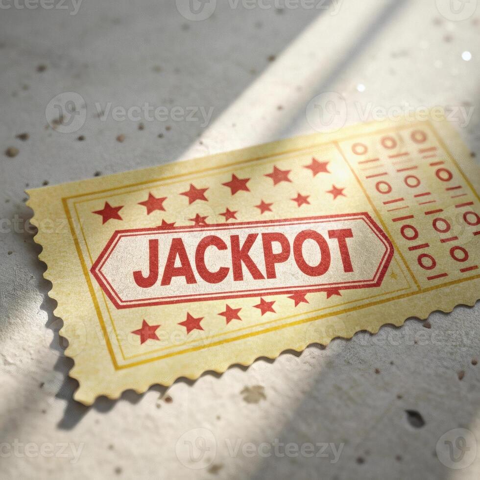 Close-up of winning lottery ticket marked with bright red jackpot stamp on neutral background with natural lighting photo