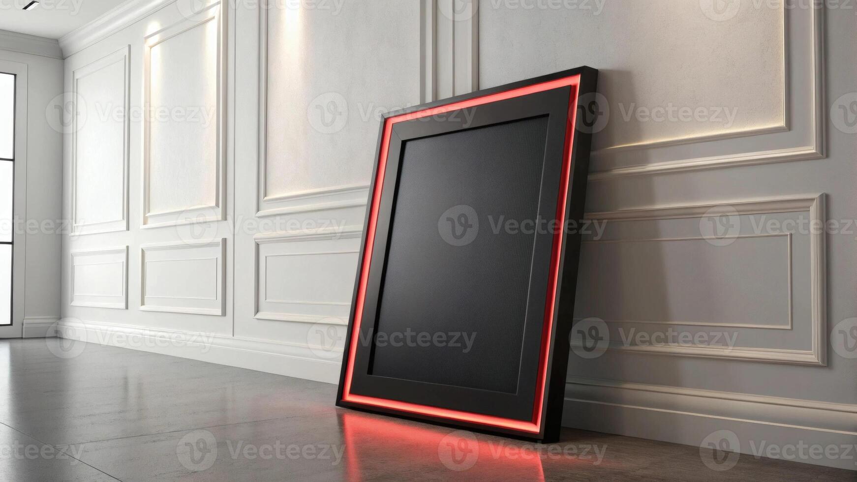Sleek black poster frame with red border in minimalist wall setting - modern presentation and promotional display mockup design photo