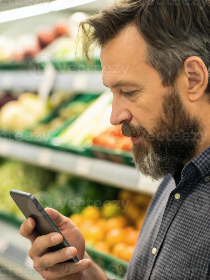 Caucasian bearded man browsing grocery store with smartphone grocery app close-up shopping technology concept photo