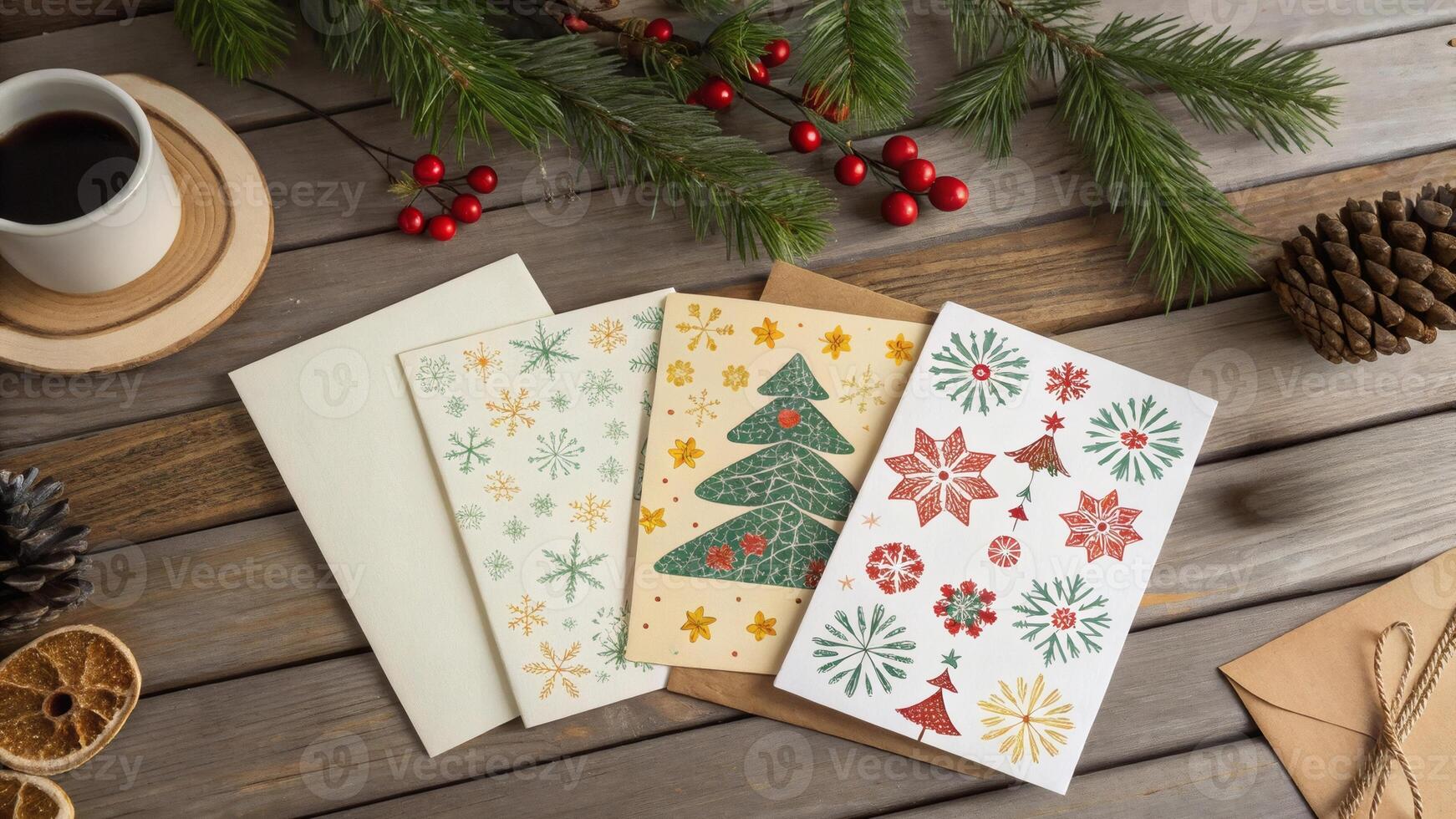 Flat lay of elegant child's handmade Christmas cards with festive patterns arranged on wooden table in bright natural lighting creating cozy mood photo