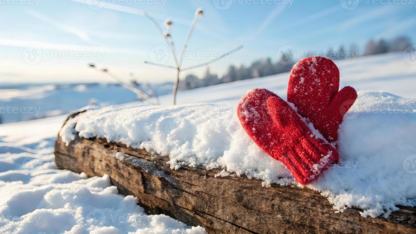 Red knitted mittens with heart pattern placed on snow-covered log creating bright wintery atmosphere and cozy winter scene photo