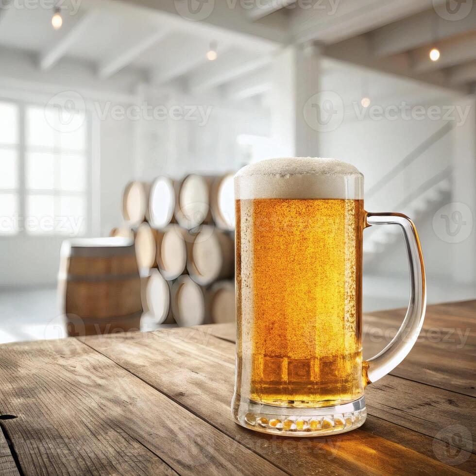 ingle beer mug with golden beer and froth on wooden table - minimalist brewery photography for beverage marketing campaigns photo