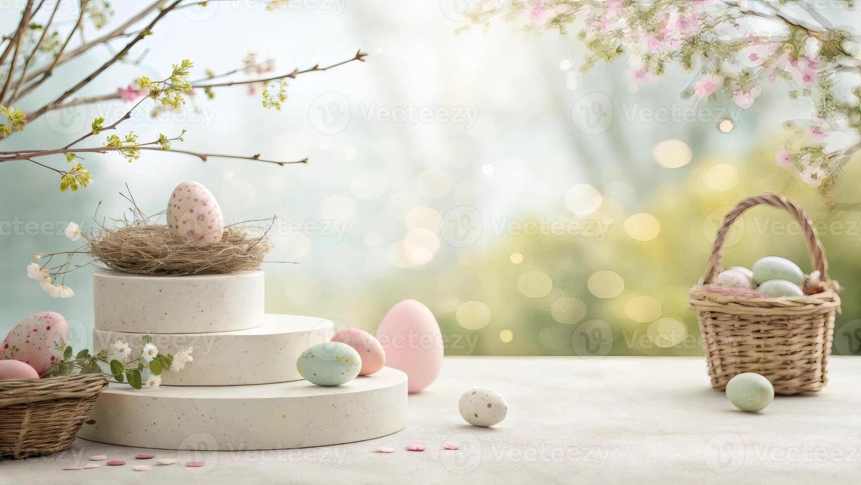 Minimalist Easter backdrop with soft pastel colors and bokeh effect - professional studio photography for seasonal product placement photo