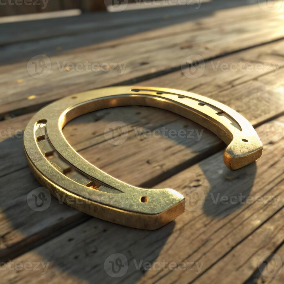 Shiny golden horseshoe positioned on rustic wooden surface with bright natural lighting representing classic lucky charm tradition photo