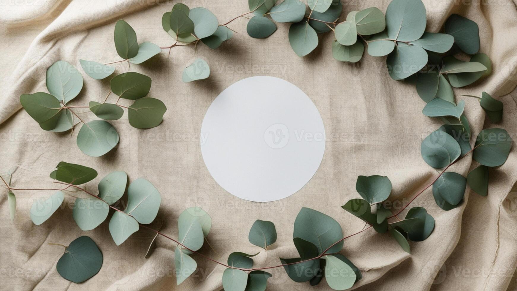 Eucalyptus leaves and white paper on linen background photo