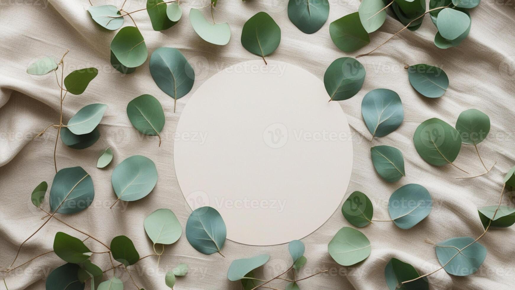 Eucalyptus leaves and white paper frame on linen background photo