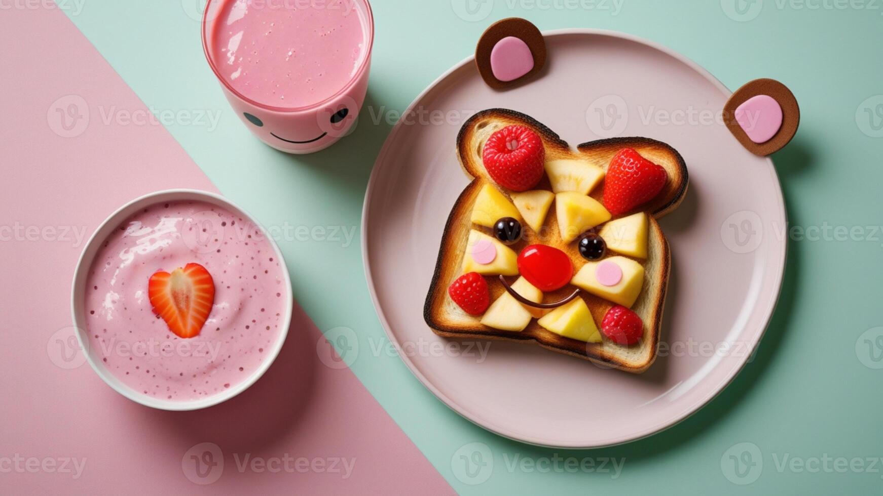 A plate with toast, strawberries and a drink photo