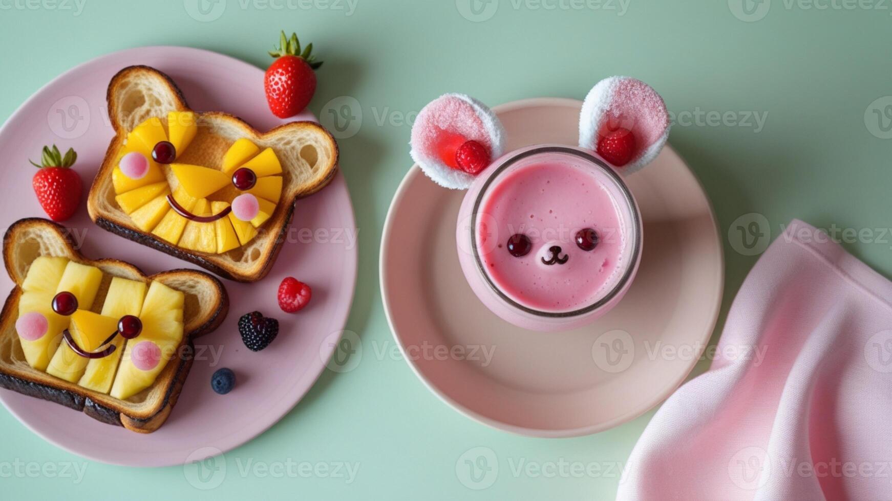 A plate with two slices of toast with a pink drink photo