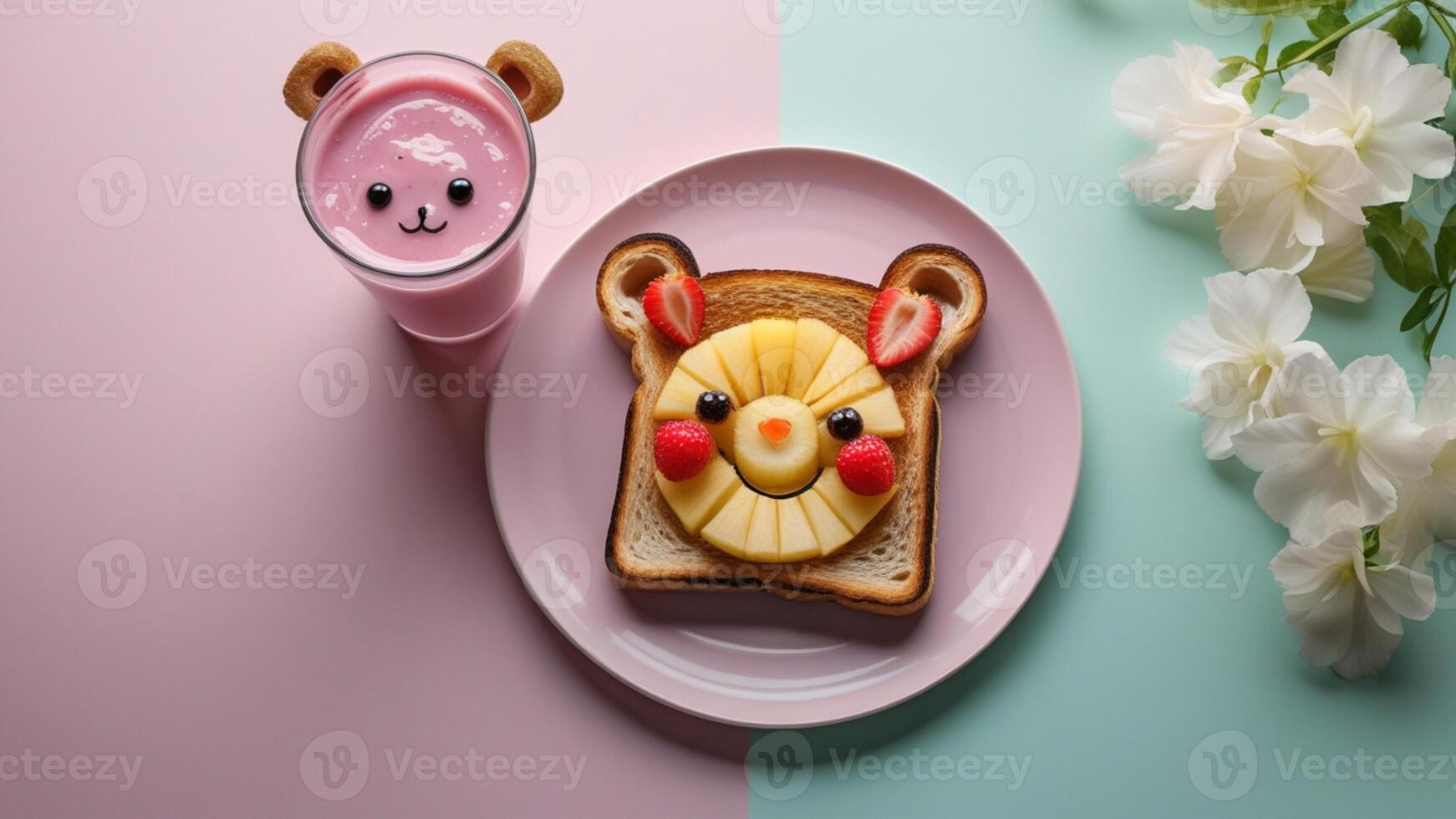 A plate with a bear face on it and a glass of milk photo
