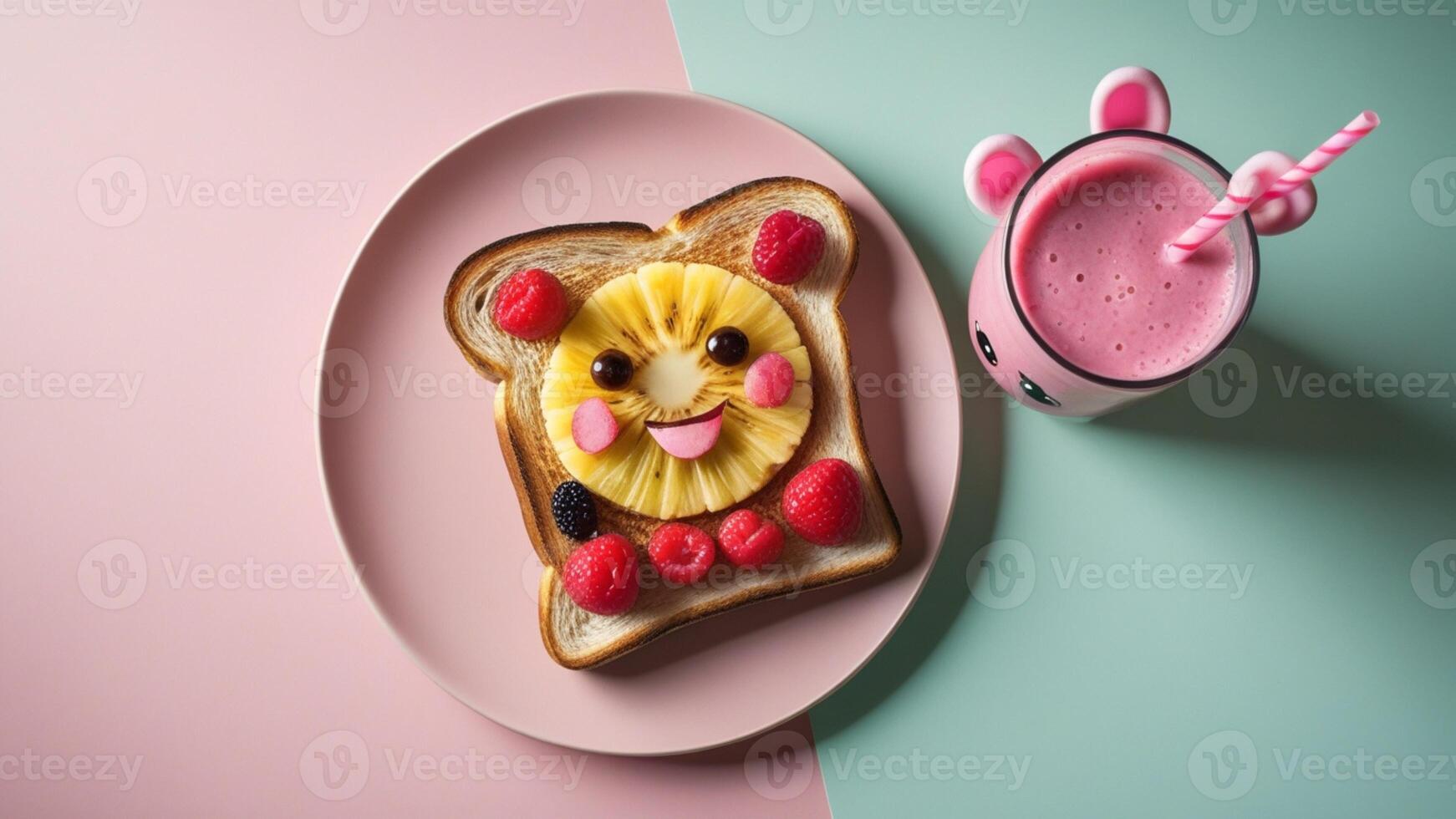 A slice of toast with fruit and a pink drink photo