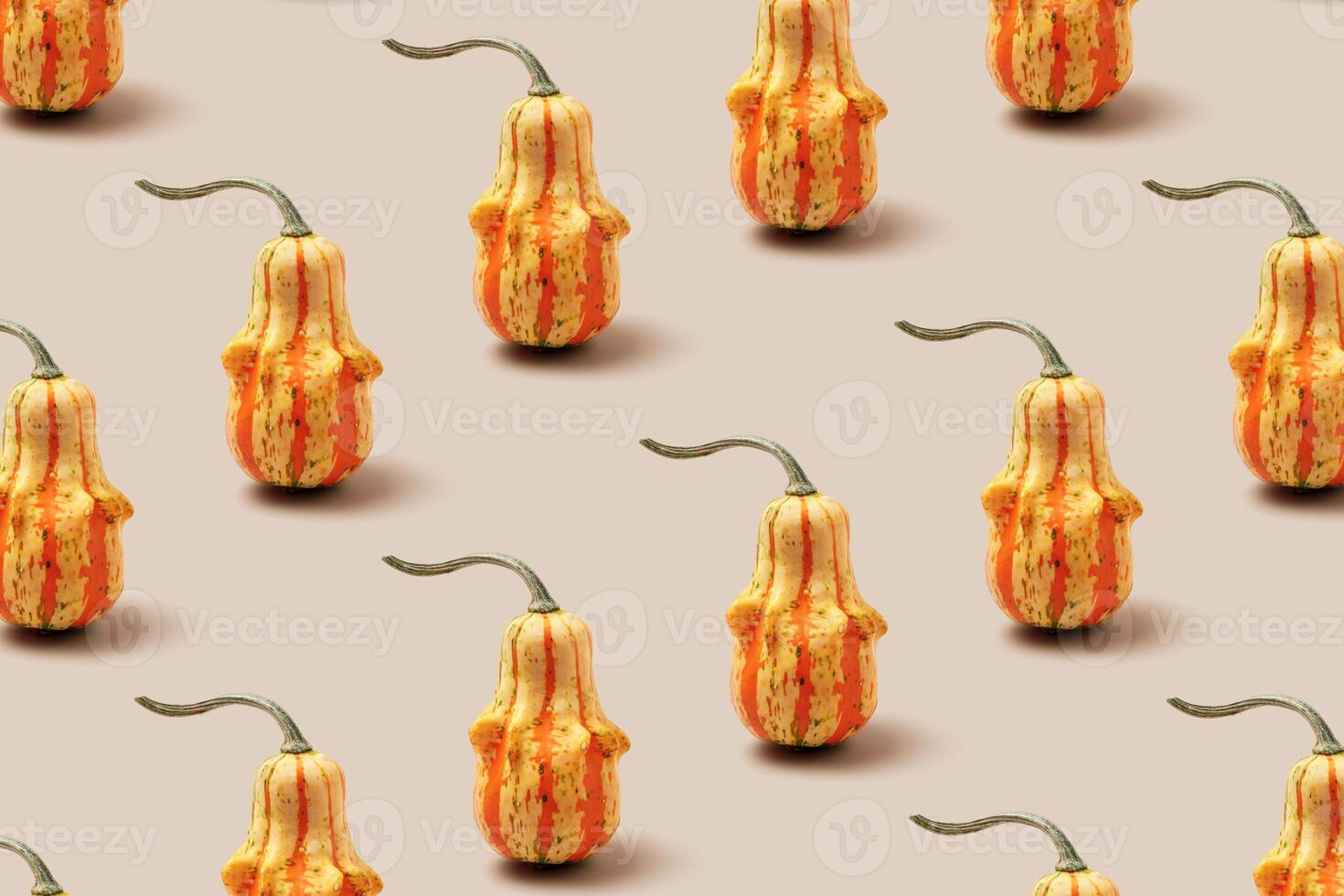 Top view pattern of Decorative pumpkins on beige background, Minimal style modern still life, autumn or fall season holiday or harvest concept. Autumnal mini gourd or squash, trend layout photo