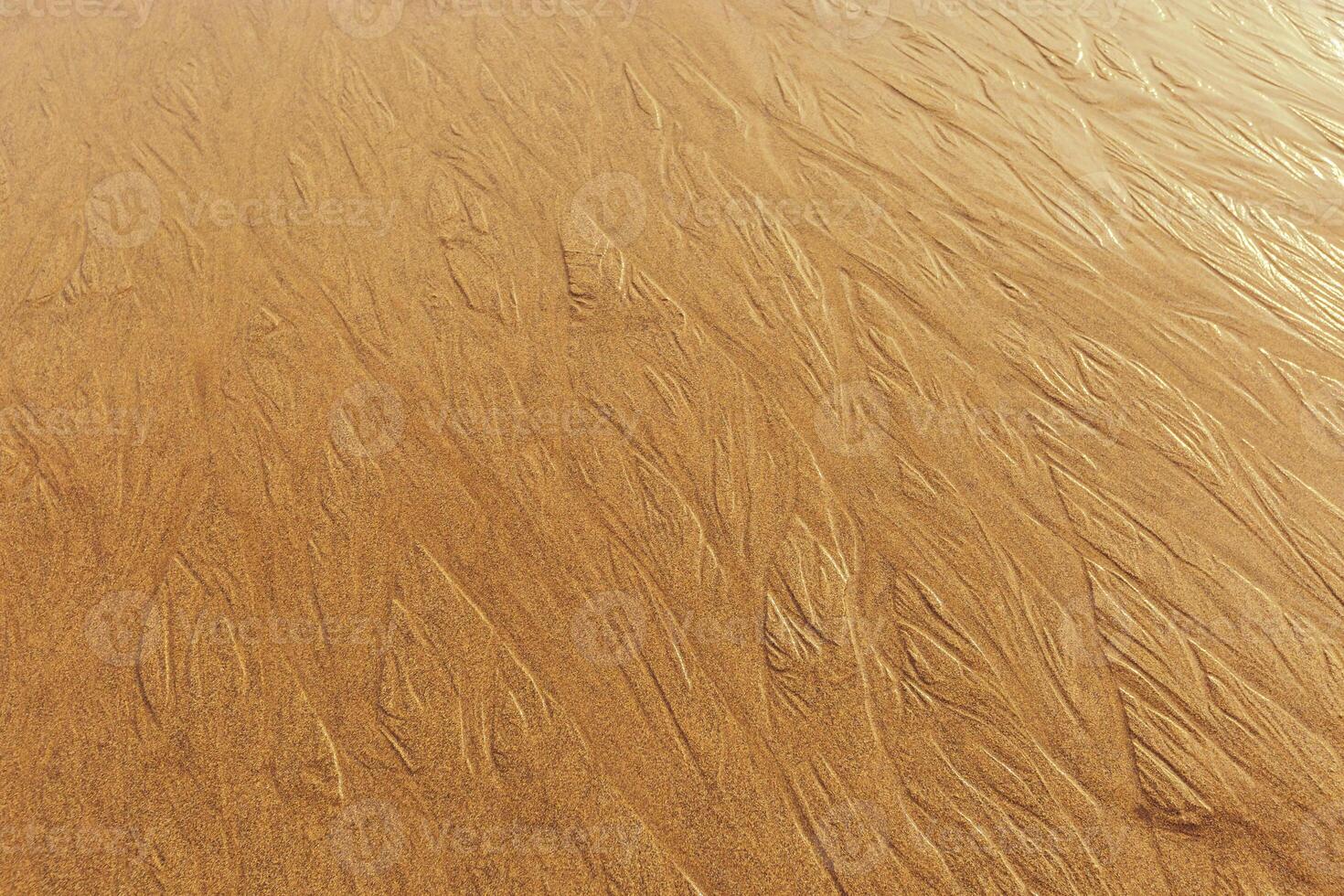 Sunlit Golden Sand with Rippled Texture from sea waves, wet shiny sandy shore at sunset, yellow beige natural textured pattern, minimal nature surface, summer time photo