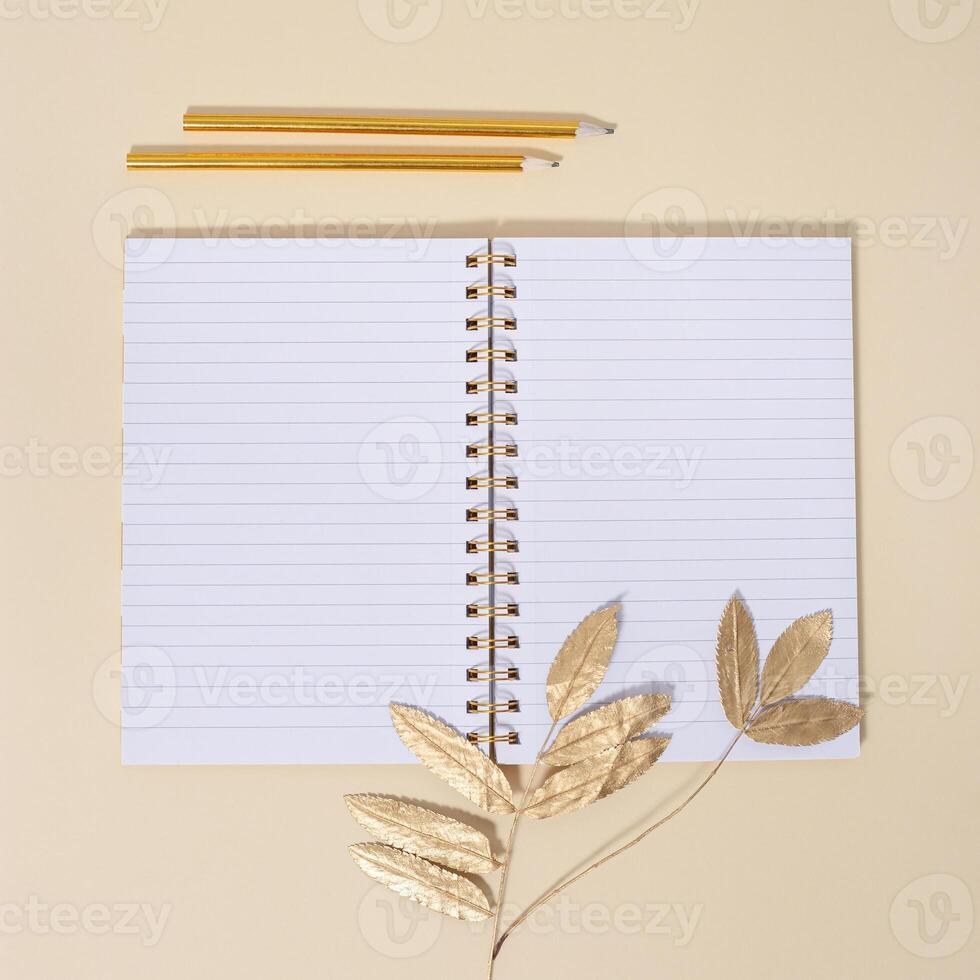 Top view of open school notebook with blank pages and pencils for writing notes. Creative workspace at home photo