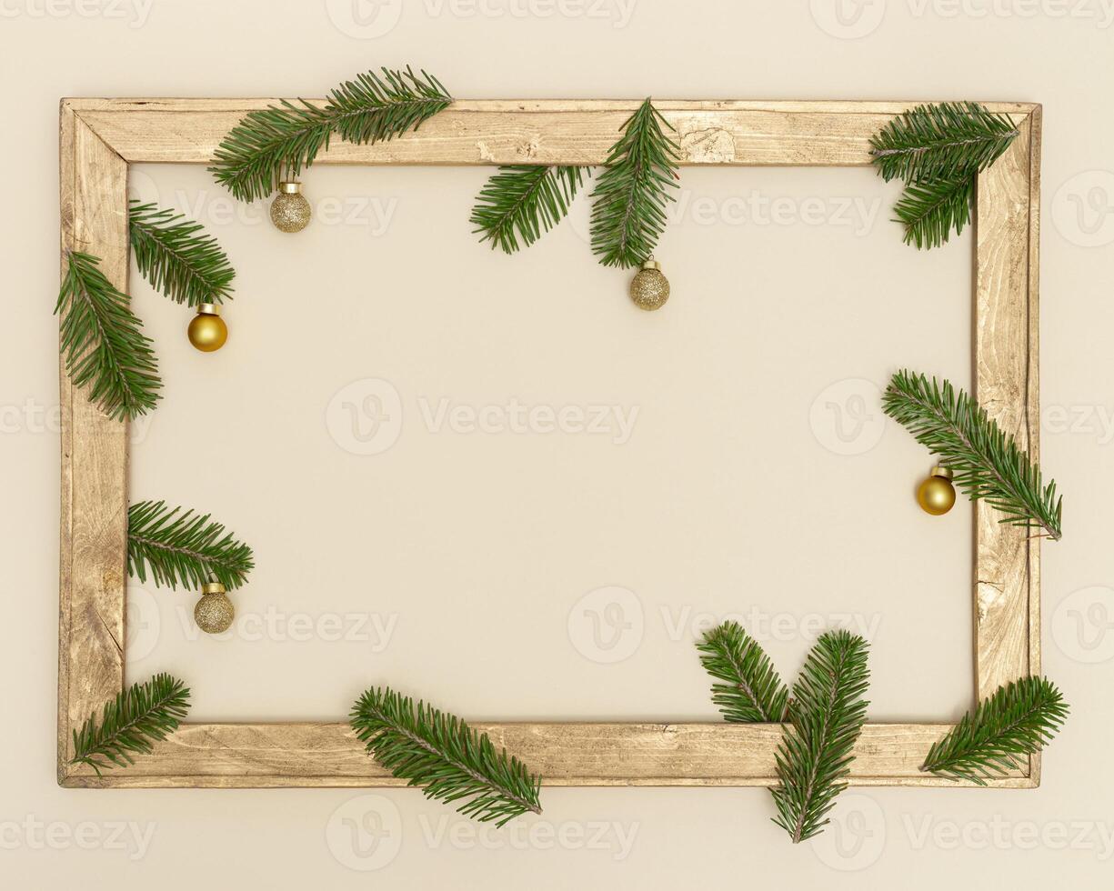 Christmas old wooden frame with green fir tree branches, Christmas, winter, new year concept. photo