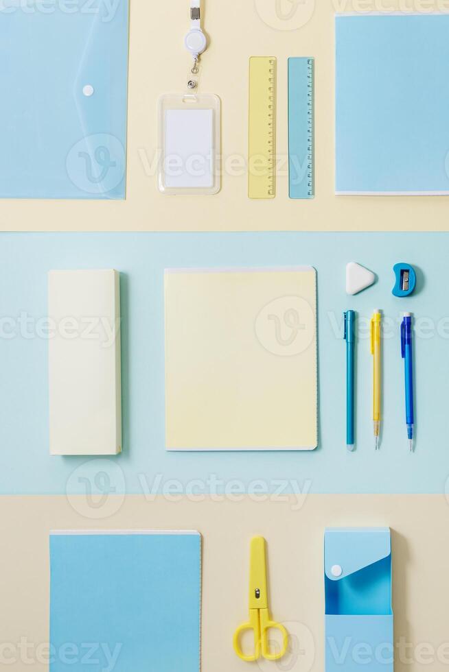 Flat lay of stationery and school supplies. Back to school concept. Top view photo