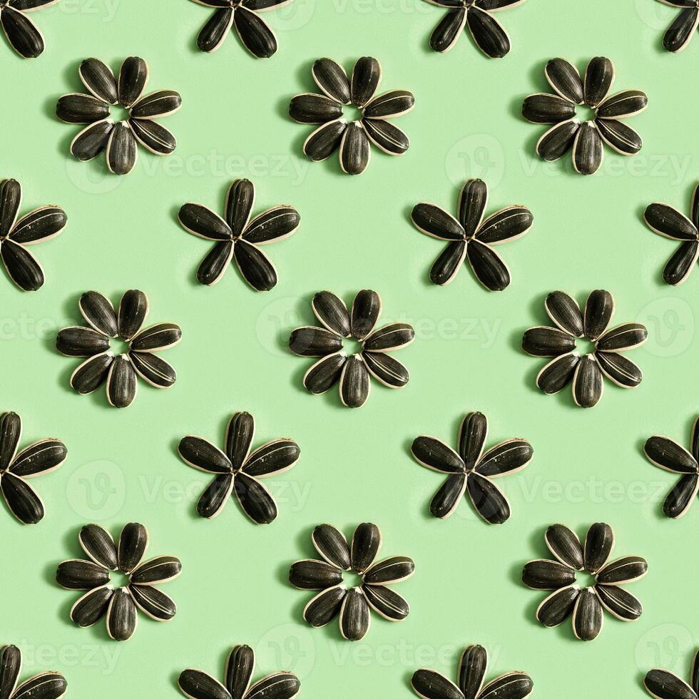 Seamless pattern with black sunflower seeds Harvest time agriculture farming. Healthy oils, food. photo