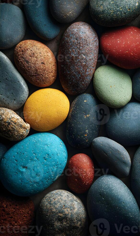 Vibrant multicolored stones arranged on a textured background create a captivating visual experience texture rich photo