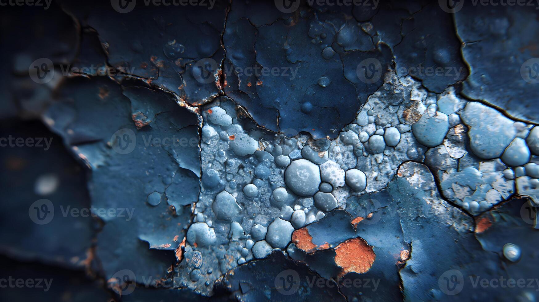 Intricate blue and grey peeling paint creates a compelling abstract textural landscape of corrosion photo