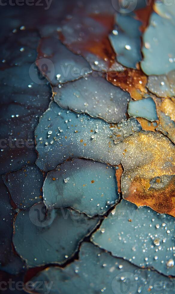Close up surface texture featuring weathered stone or rock formations with moisture and vibrant colors revealing natural patterns photo