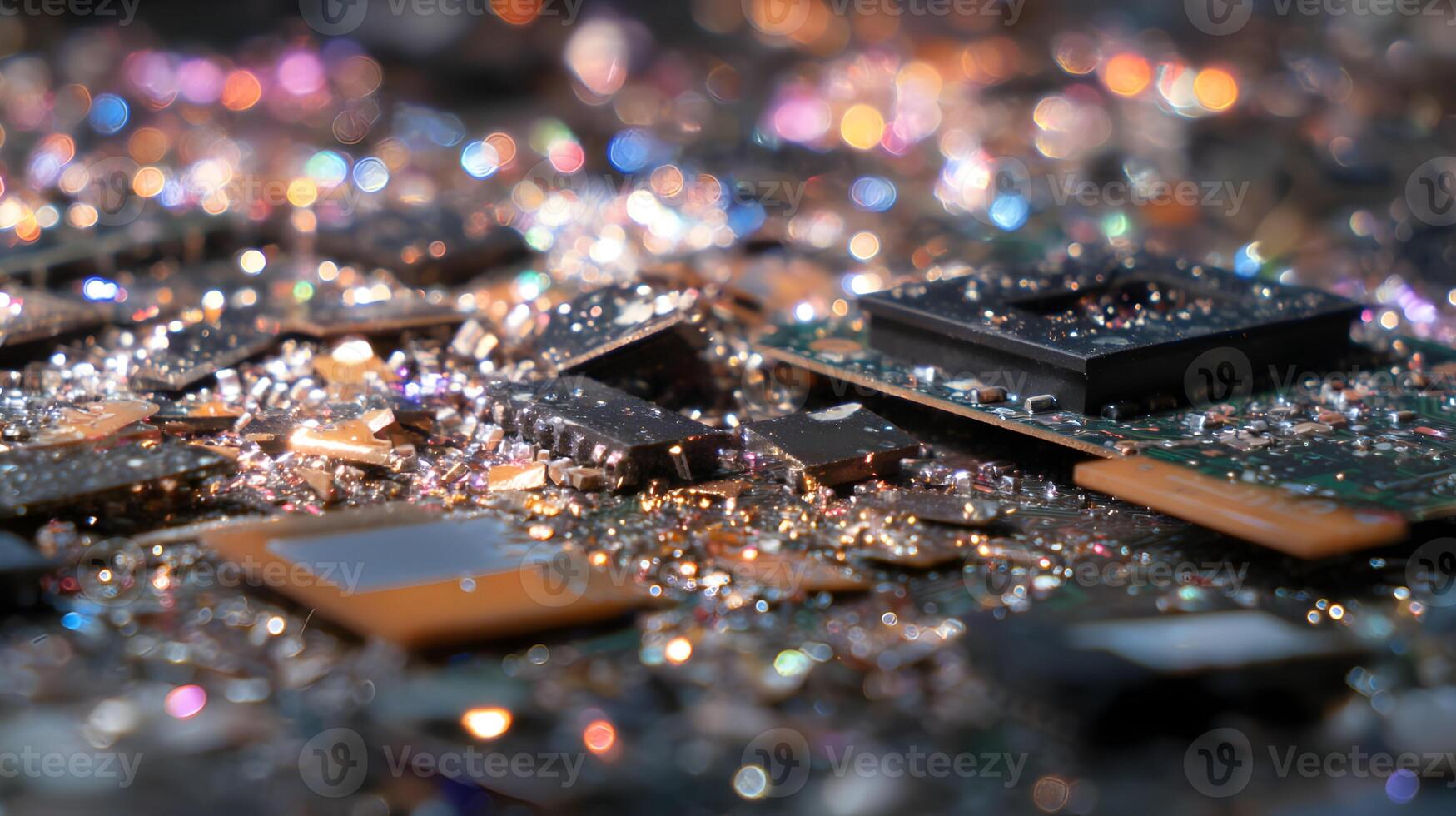 Abstract composition showcasing obsolete computer chips and sparkling debris reflecting vibrant light patterns photo