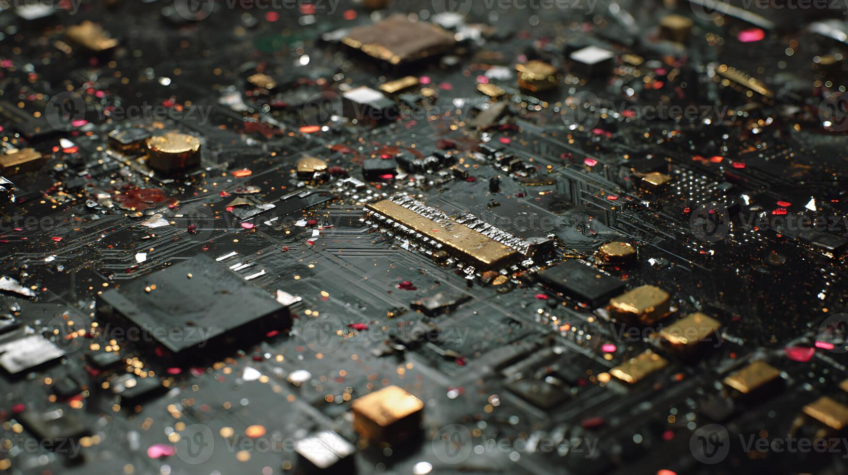 Close up detail of a complex computer circuit board highlighting technology and micro components photo