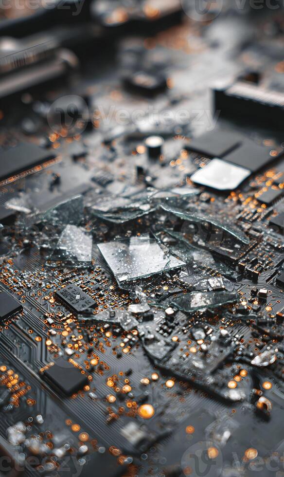 Macro abstract electronic circuit design with broken glass fragments a stunning blend of technology and fragility photo