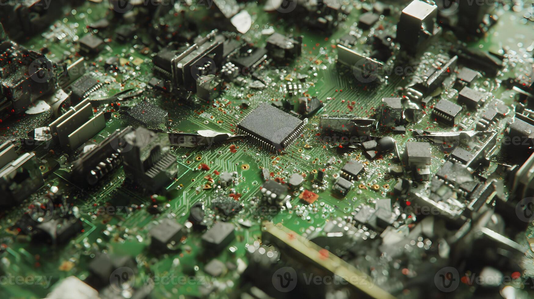 Detailed view of a complex electronic circuit board with intricate pathways and tiny components surface photo