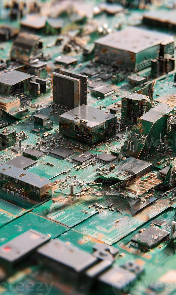 Detailed close up showcasing the intricate design of an electronic circuit board and its components displaying technological advancement and complexity photo
