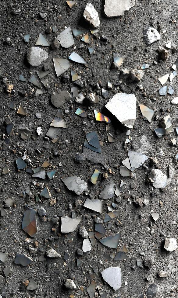 Debris of shattered glass on rough dark surface creating abstract patterns reflecting ambient light with rugged texture photo