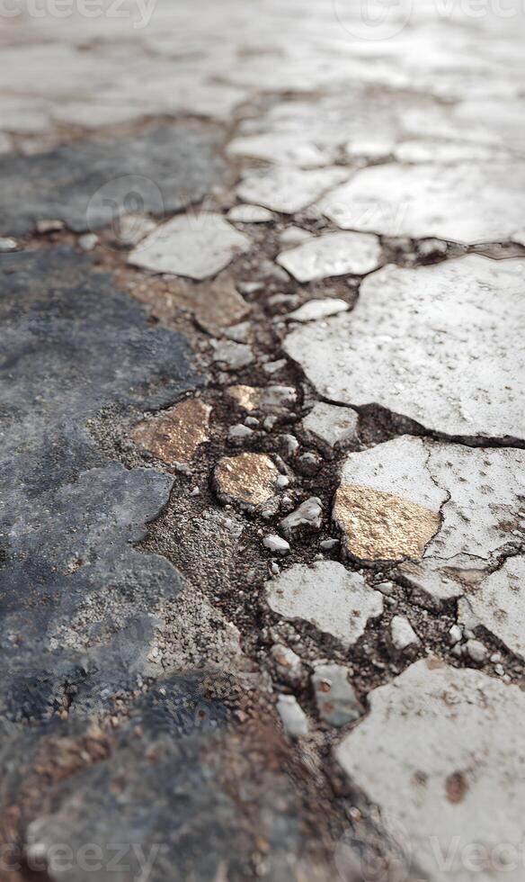 Cracked stone surface revealing earth and minerals a textured composition showcasing natural patterns and geological structures in detail photo