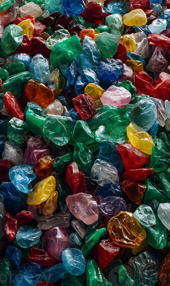 Multicolor array of recycled plastic fragments creating visual intrigue and ecological awareness with unique shapes photo
