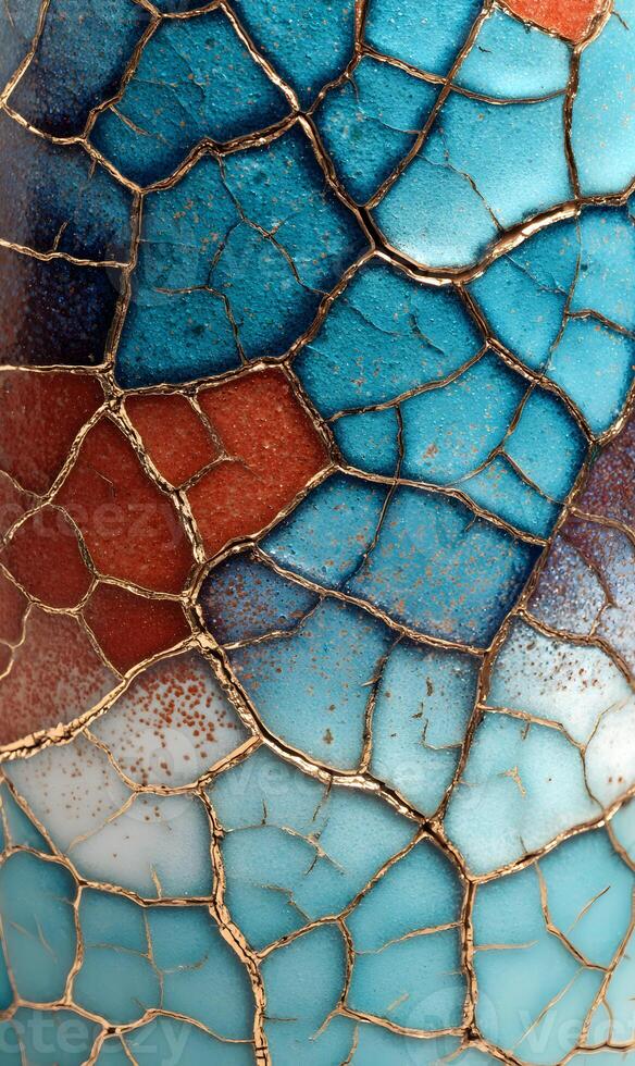 Intricate mosaic of turquoise and terracotta hues creating a vibrant textured surface with aged lines photo