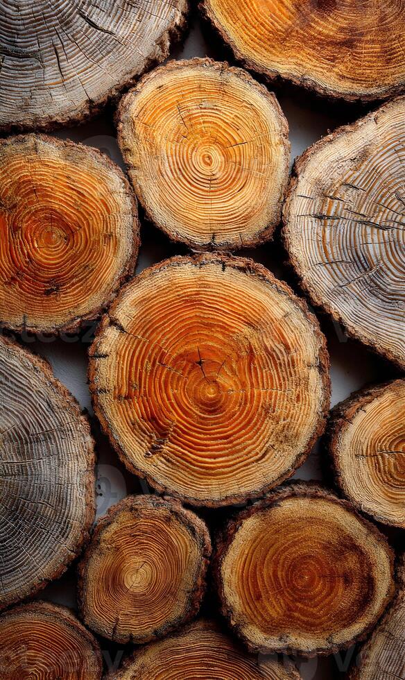 Intricate patterns and textures of stacked tree logs reveal the beauty of natural wood formation and growth photo
