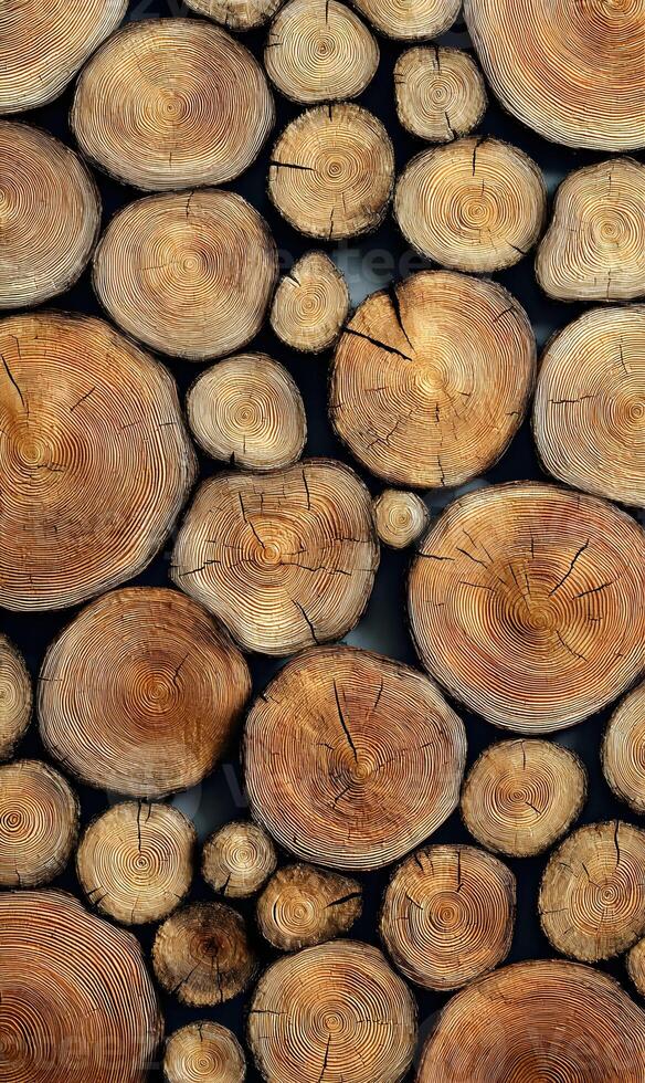 Natural wooden background featuring stacked tree trunk sections creating a warm organic texture pattern perfect for design photo