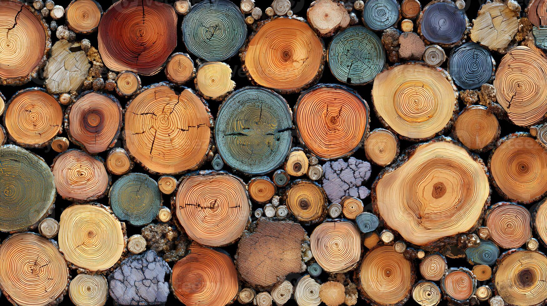 Abstract arrangement of colorful wooden tree rings showcasing growth and timeless patterns of nature photo