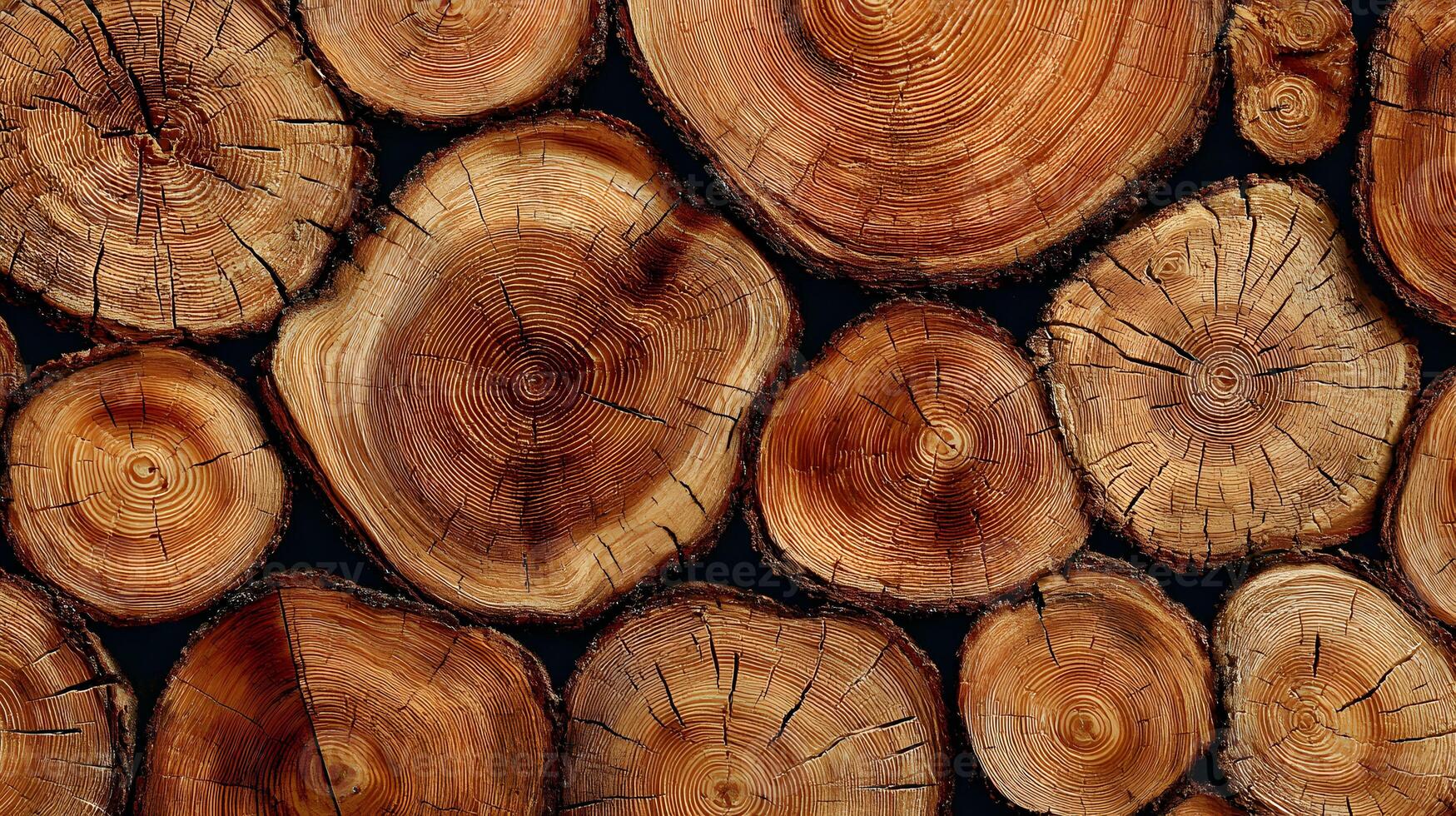 Stacked tree trunks creating a textured pattern with visible growth rings in warm brown tones photo