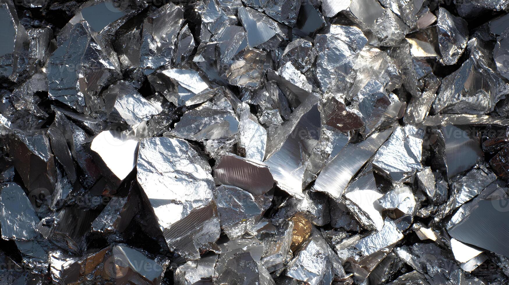 Pile of obsidian shards reflecting light creates a metallic textured background with rough edges and shapes photo
