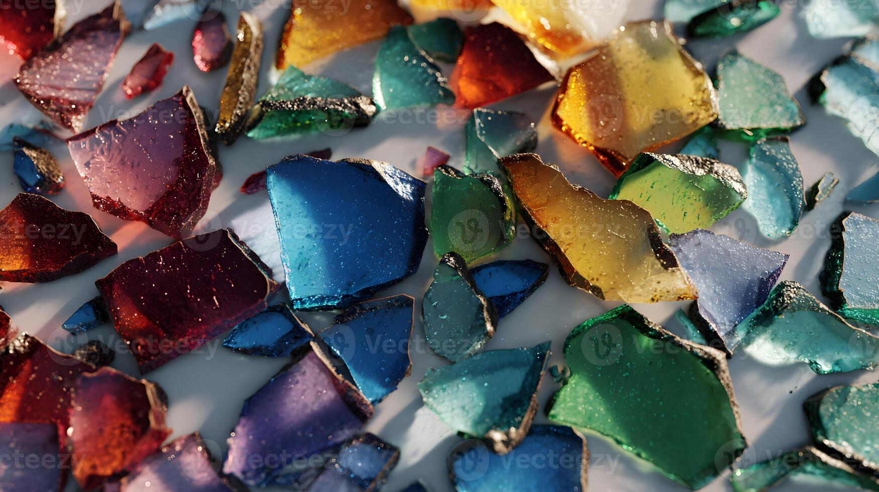 Colorful glass shards create a vibrant mosaic abstract texture on a clean white surface backdrop art photo