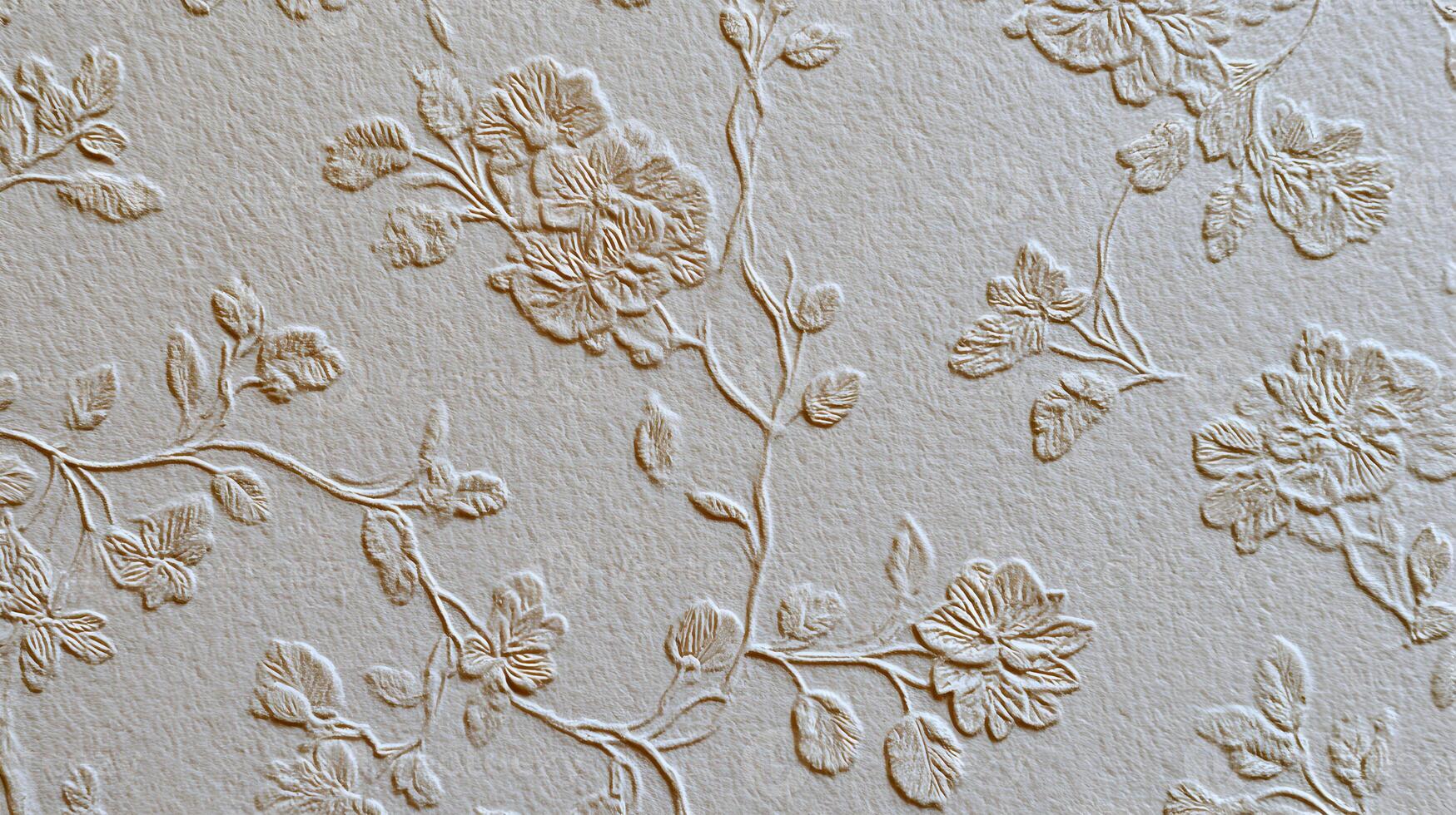 Delicate floral embossed wallpaper pattern with detailed flower and leaf relief textures and a neutral color palette photo