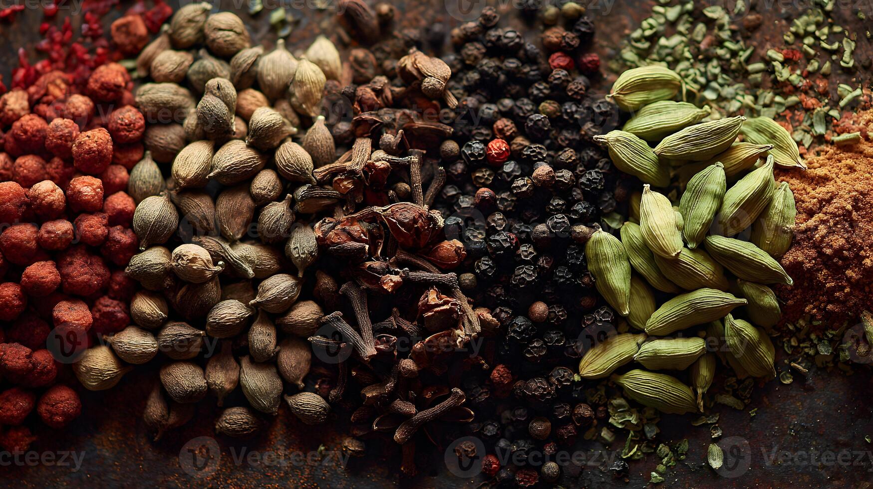 Aromatic and Colorful Display of Assorted Spices, Herbs, and Seeds for Culinary and Health Uses photo