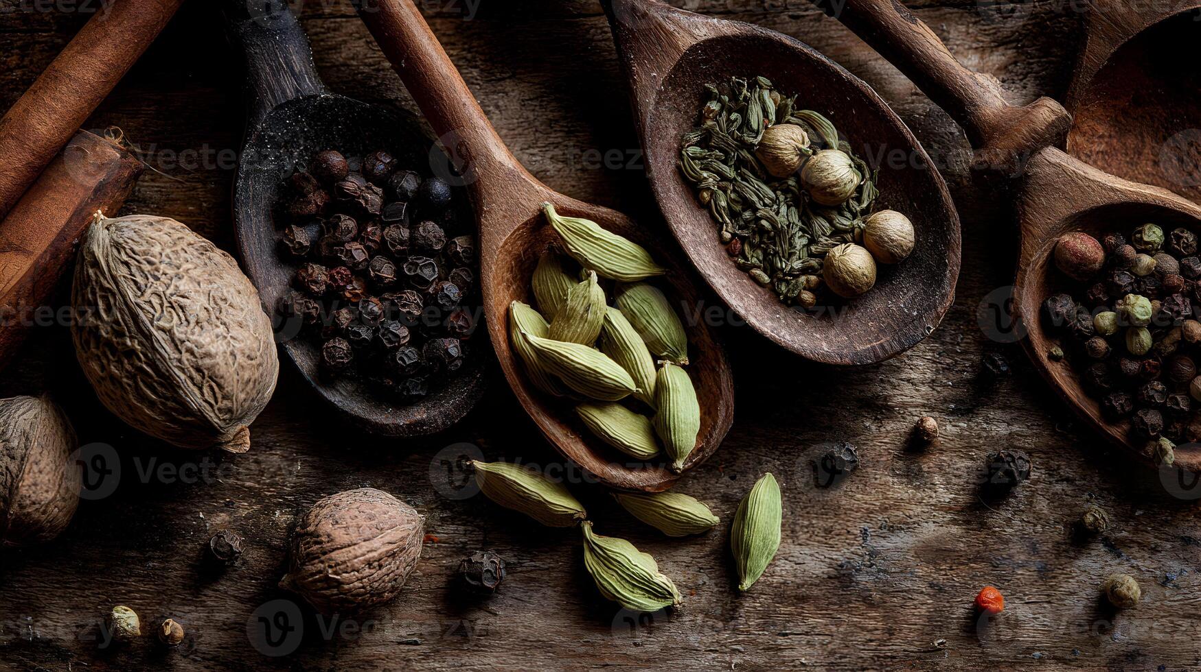 Rustic Wooden Spoons Filled with Aromatic Spices on Weathered Wood Background for Flavorful Delights photo